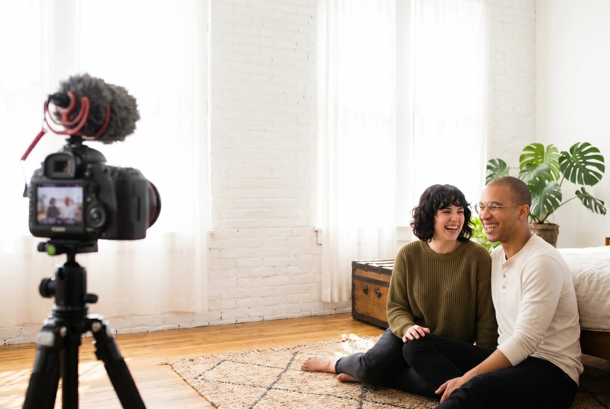 Two creators laughing together on the right while filming in a bright home YouTube studio